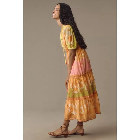 NWT Farm Rio Anthropologie Short-Sleeve Tiered Yellow Midi Dress Size SMALL - Picture 2 of 11